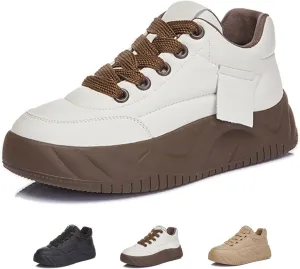Women's Genuine Leather Platform Heighten Fashion Sneaker Retro Round-Toe Lace Up Lightweight Comfort Casual Walking Shoes