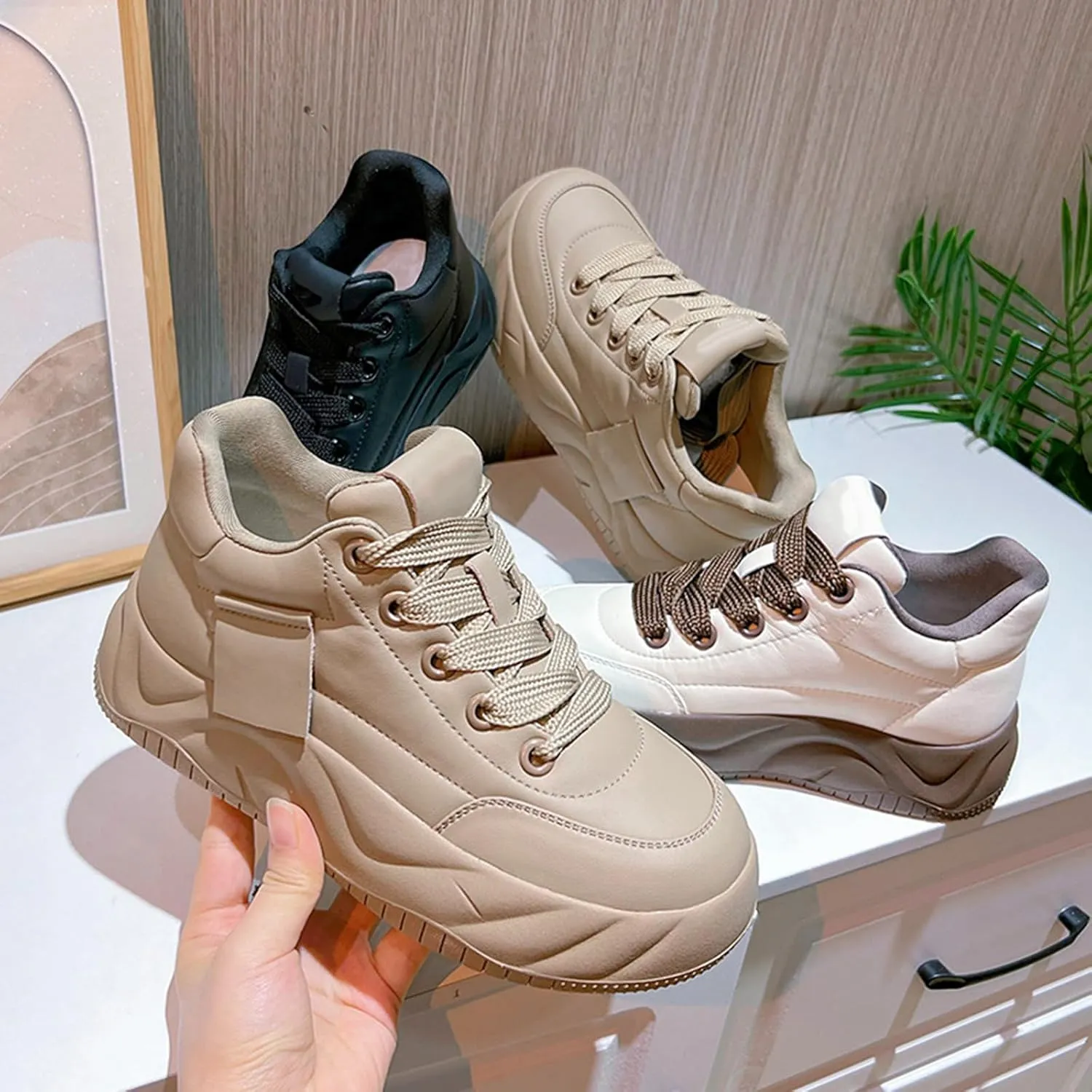 Women's Genuine Leather Platform Heighten Fashion Sneaker Retro Round-Toe Lace Up Lightweight Comfort Casual Walking Shoes