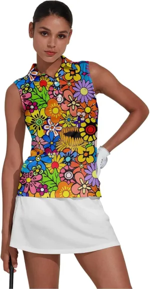 Women's Golf Shirts Sleeveless Collared Shirt for Women Quick Dry Button Up Tennis T-Shirt Printed Workout Tank Tops