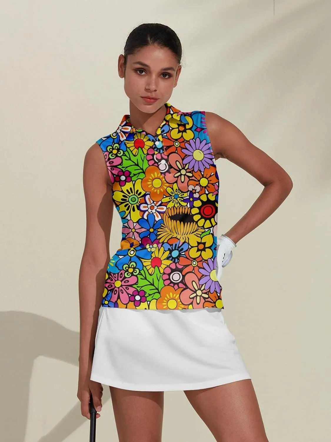 Women's Golf Shirts Sleeveless Collared Shirt for Women Quick Dry Button Up Tennis T-Shirt Printed Workout Tank Tops