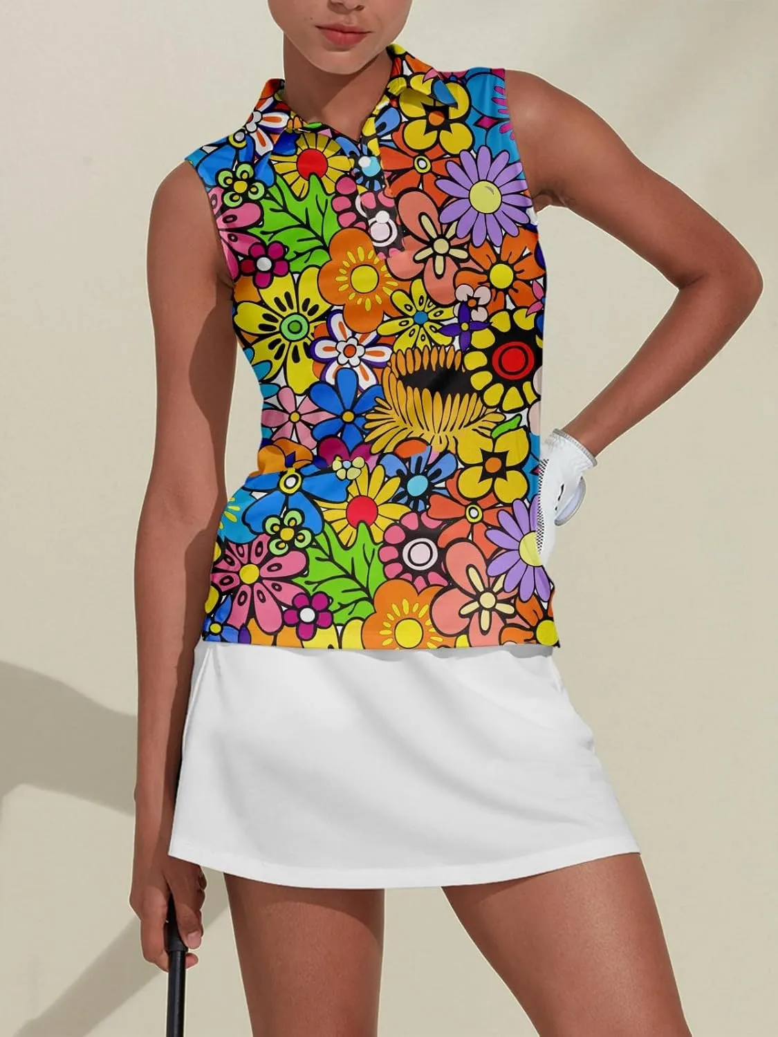 Women's Golf Shirts Sleeveless Collared Shirt for Women Quick Dry Button Up Tennis T-Shirt Printed Workout Tank Tops