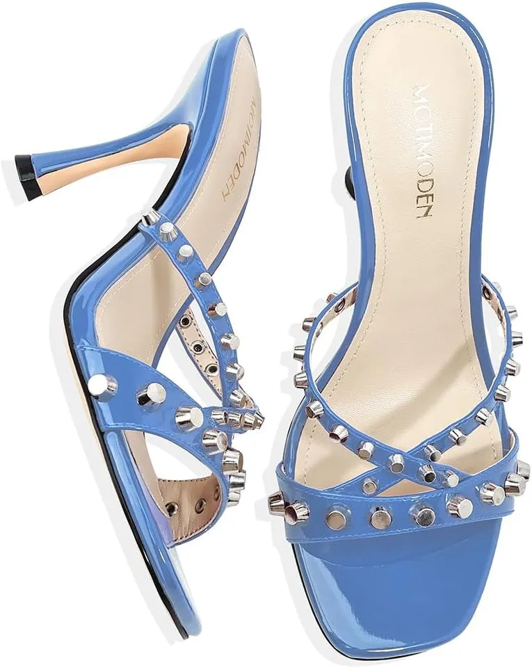 Womens Heels Square Toe Heeled Sandals for Women Low Kitten Heels Sandals Open Toe Slip on Mule for Party Wedding Dress Shoes