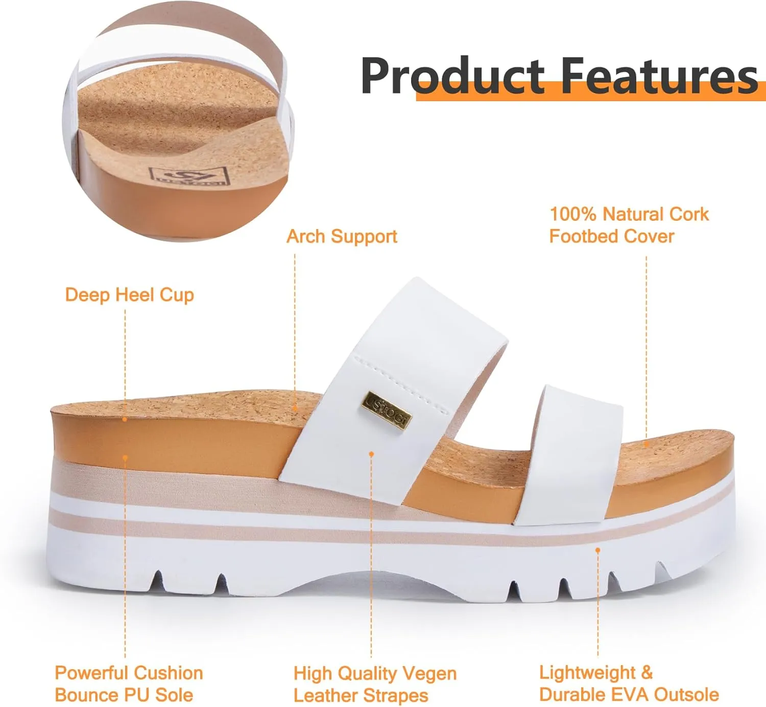 Women's Higher Platform Sandals Arch Support Beach Slides for Woman Orthotic Summer Causal Cork Footbed Slip on Cushion Cute 2 Strap Flatform 2.2IN sandalias de mujer