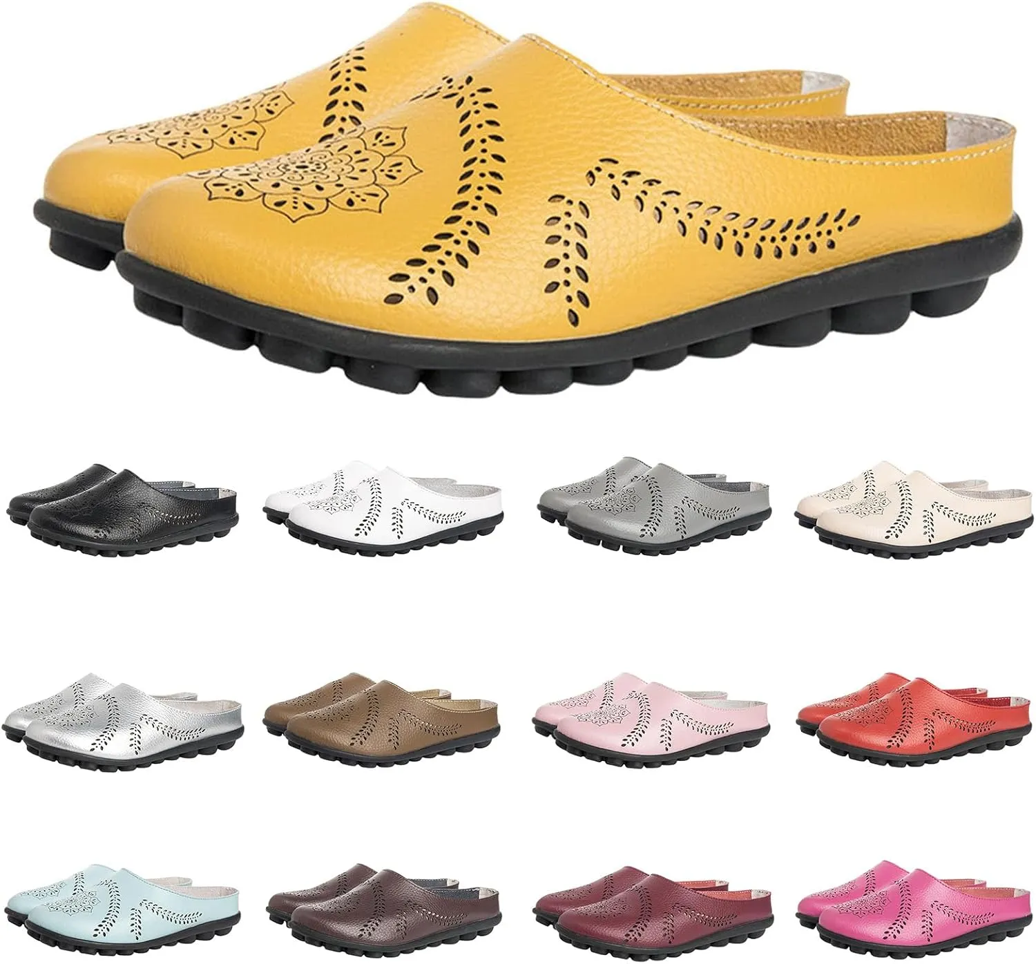 Womens Hollow Out Breathable Mule Sandals Casual Comfortable Closed Toe Sandals Flats Softsole Lightweight Leather Loafer Slippers