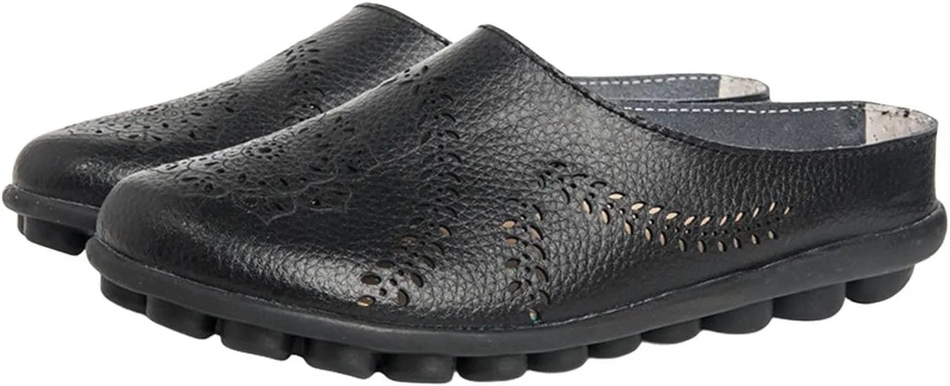 Womens Hollow Out Breathable Mule Sandals Casual Comfortable Closed Toe Sandals Flats Softsole Lightweight Leather Loafer Slippers