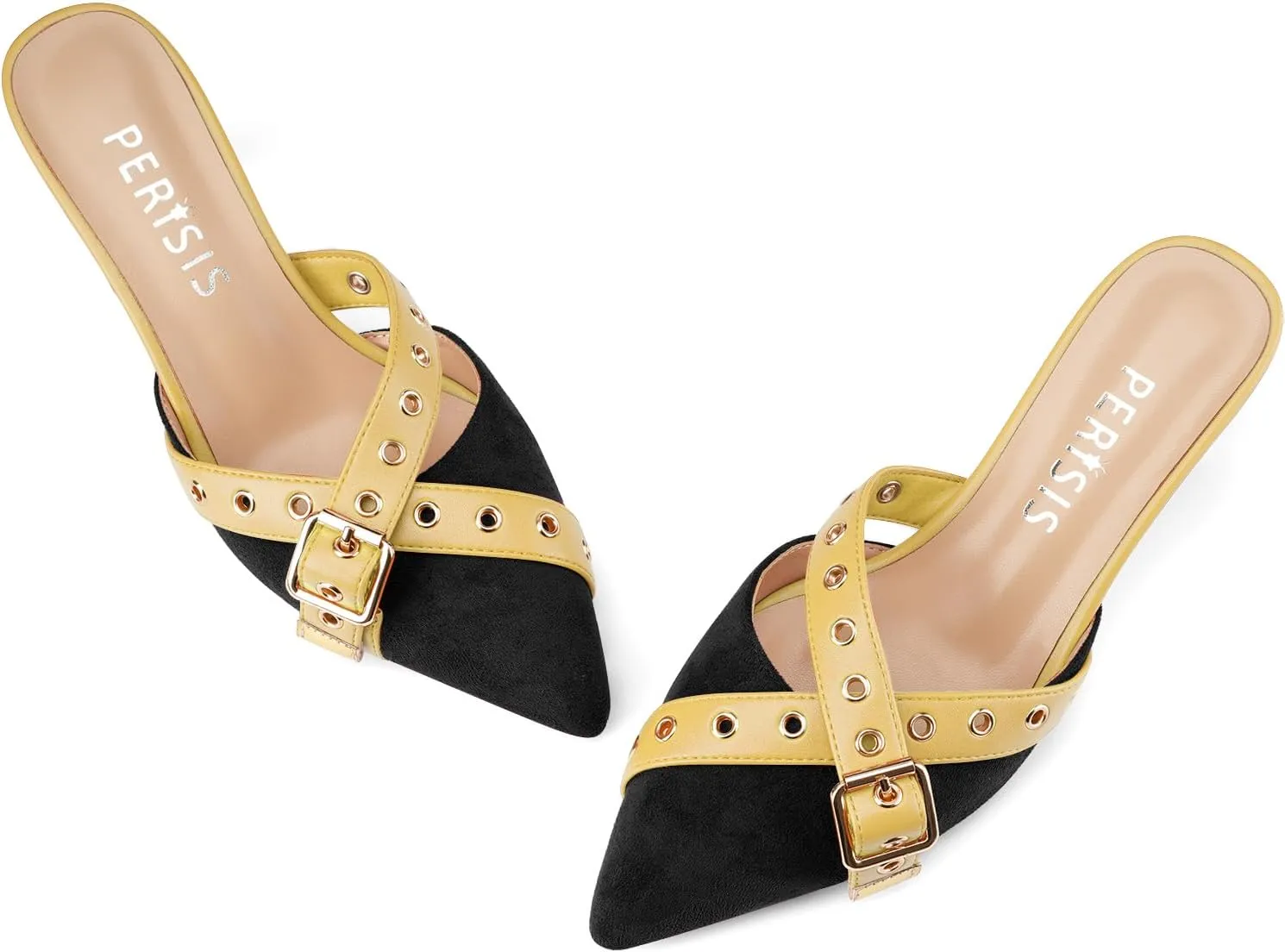 Women's Kitten Heel Mules Pointed Close Toe Slip On Pumps Suede Stiletto Heels Dressy Comfy Heeled Pointy Studded Slingback Shoes