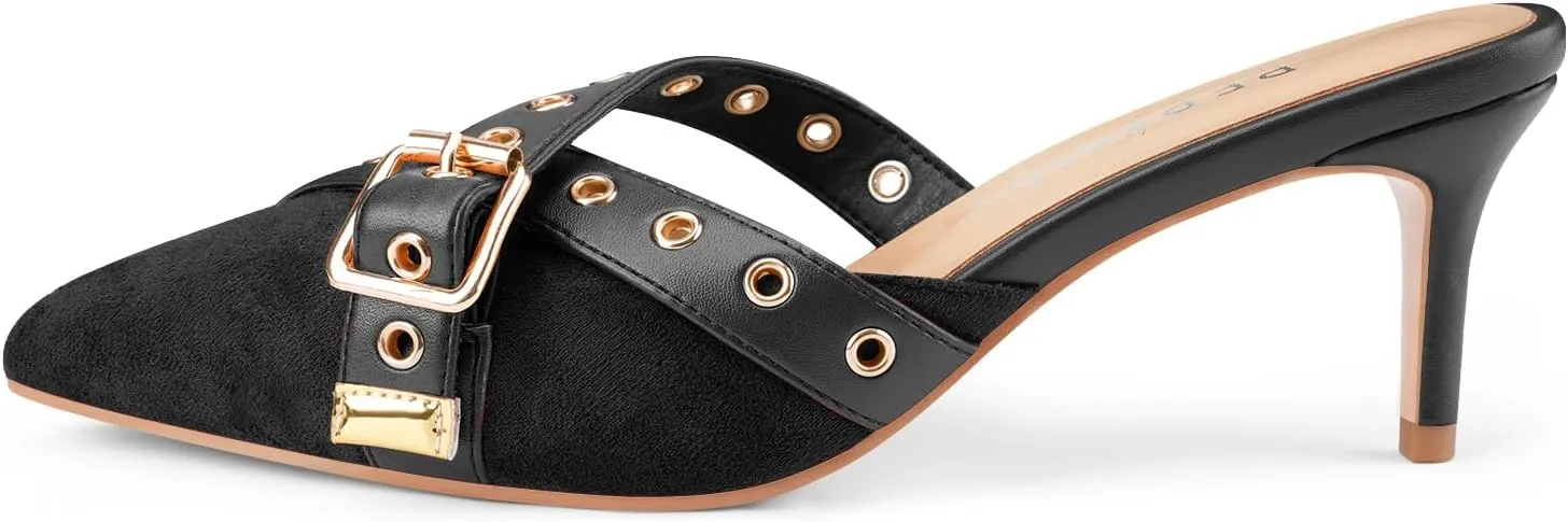 Women's Kitten Heel Mules Pointed Close Toe Slip On Pumps Suede Stiletto Heels Dressy Comfy Heeled Pointy Studded Slingback Shoes