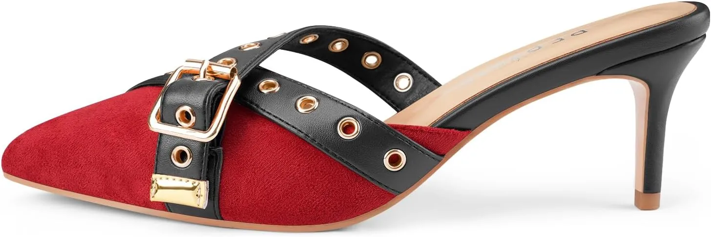Women's Kitten Heel Mules Pointed Close Toe Slip On Pumps Suede Stiletto Heels Dressy Comfy Heeled Pointy Studded Slingback Shoes