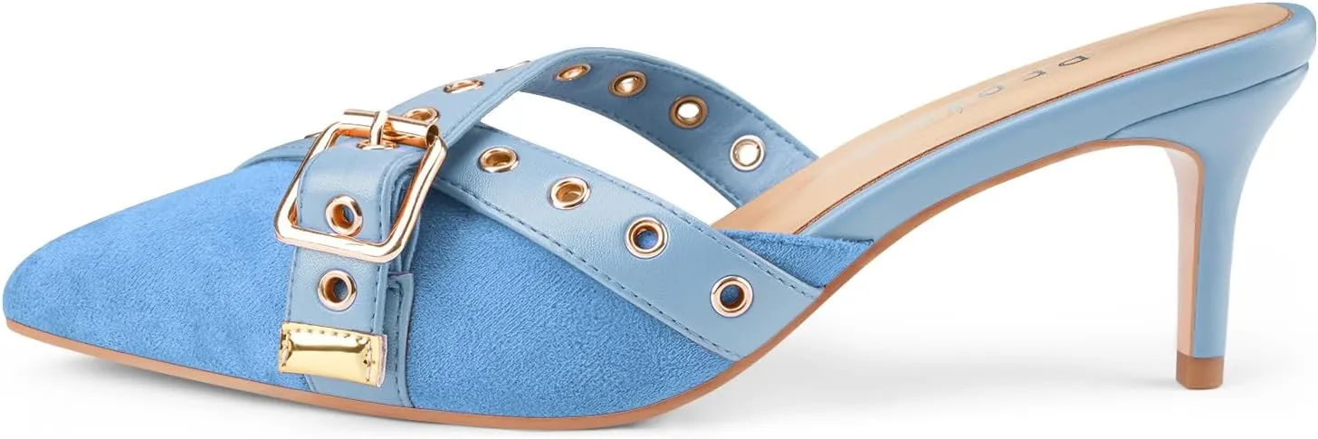 Women's Kitten Heel Mules Pointed Close Toe Slip On Pumps Suede Stiletto Heels Dressy Comfy Heeled Pointy Studded Slingback Shoes