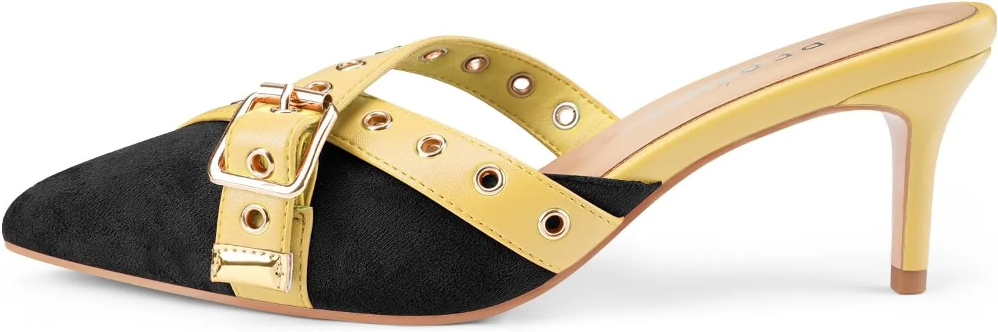 Women's Kitten Heel Mules Pointed Close Toe Slip On Pumps Suede Stiletto Heels Dressy Comfy Heeled Pointy Studded Slingback Shoes