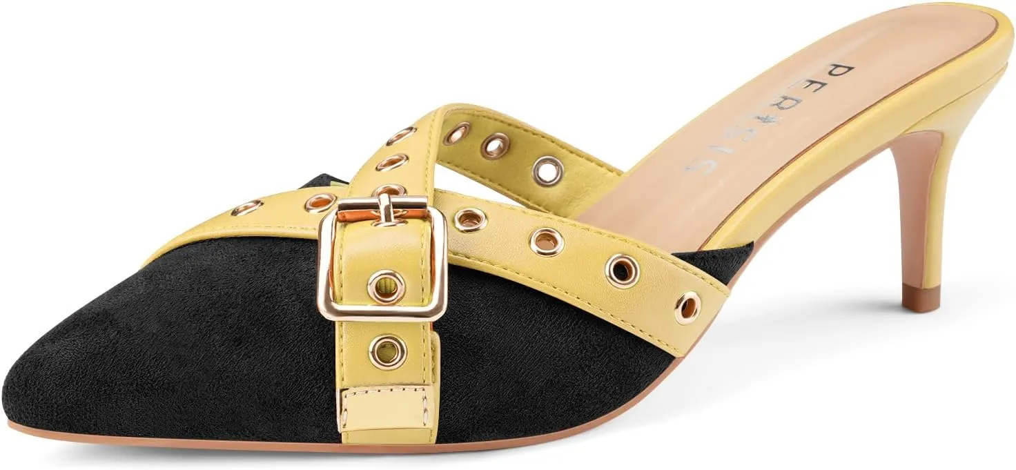 Women's Kitten Heel Mules Pointed Close Toe Slip On Pumps Suede Stiletto Heels Dressy Comfy Heeled Pointy Studded Slingback Shoes