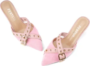 Women's Kitten Heel Mules Pointed Close Toe Slip On Pumps Suede Stiletto Heels Dressy Comfy Heeled Pointy Studded Slingback Shoes