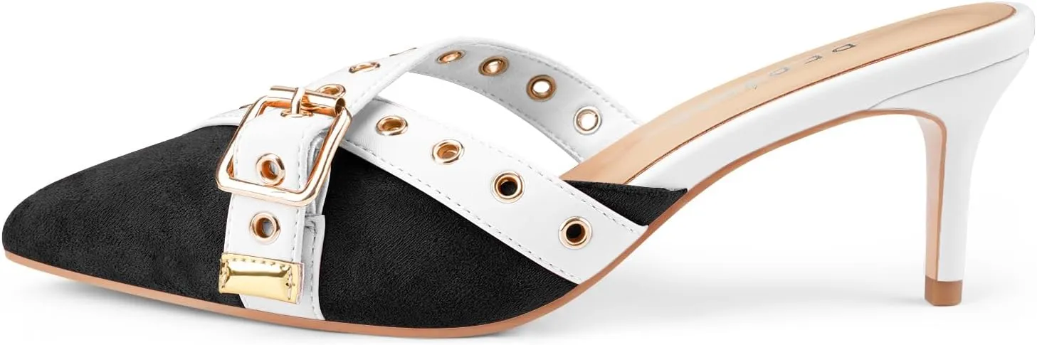 Women's Kitten Heel Mules Pointed Close Toe Slip On Pumps Suede Stiletto Heels Dressy Comfy Heeled Pointy Studded Slingback Shoes