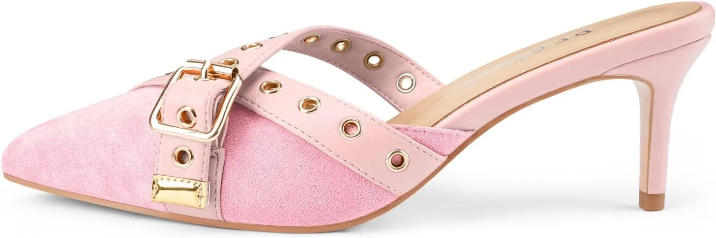 Women's Kitten Heel Mules Pointed Close Toe Slip On Pumps Suede Stiletto Heels Dressy Comfy Heeled Pointy Studded Slingback Shoes