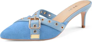 Women's Kitten Heel Mules Pointed Close Toe Slip On Pumps Suede Stiletto Heels Dressy Comfy Heeled Pointy Studded Slingback Shoes