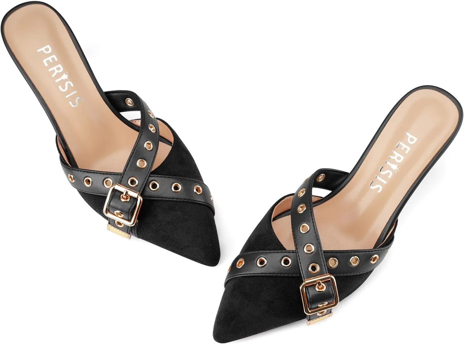 Women's Kitten Heel Mules Pointed Close Toe Slip On Pumps Suede Stiletto Heels Dressy Comfy Heeled Pointy Studded Slingback Shoes