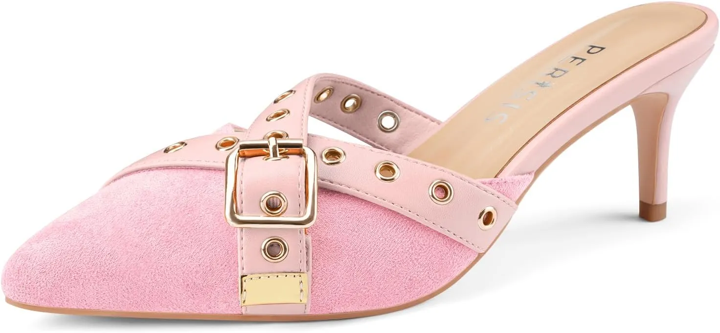 Women's Kitten Heel Mules Pointed Close Toe Slip On Pumps Suede Stiletto Heels Dressy Comfy Heeled Pointy Studded Slingback Shoes