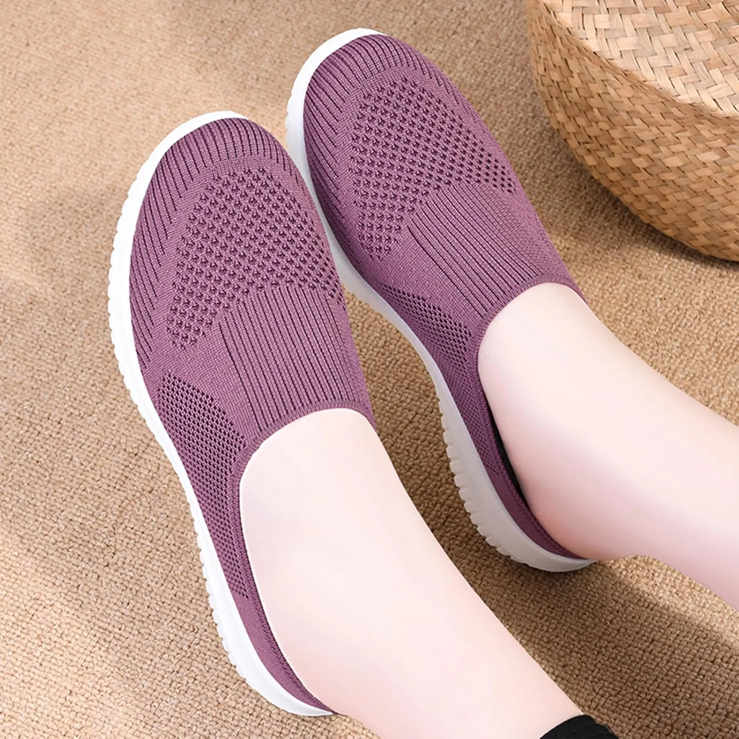 Women's Knitted Mesh Walking Mules Fashion Backless Breathable Lightweight Slip On Sneakers Soft Sole Non-Slip Loafers