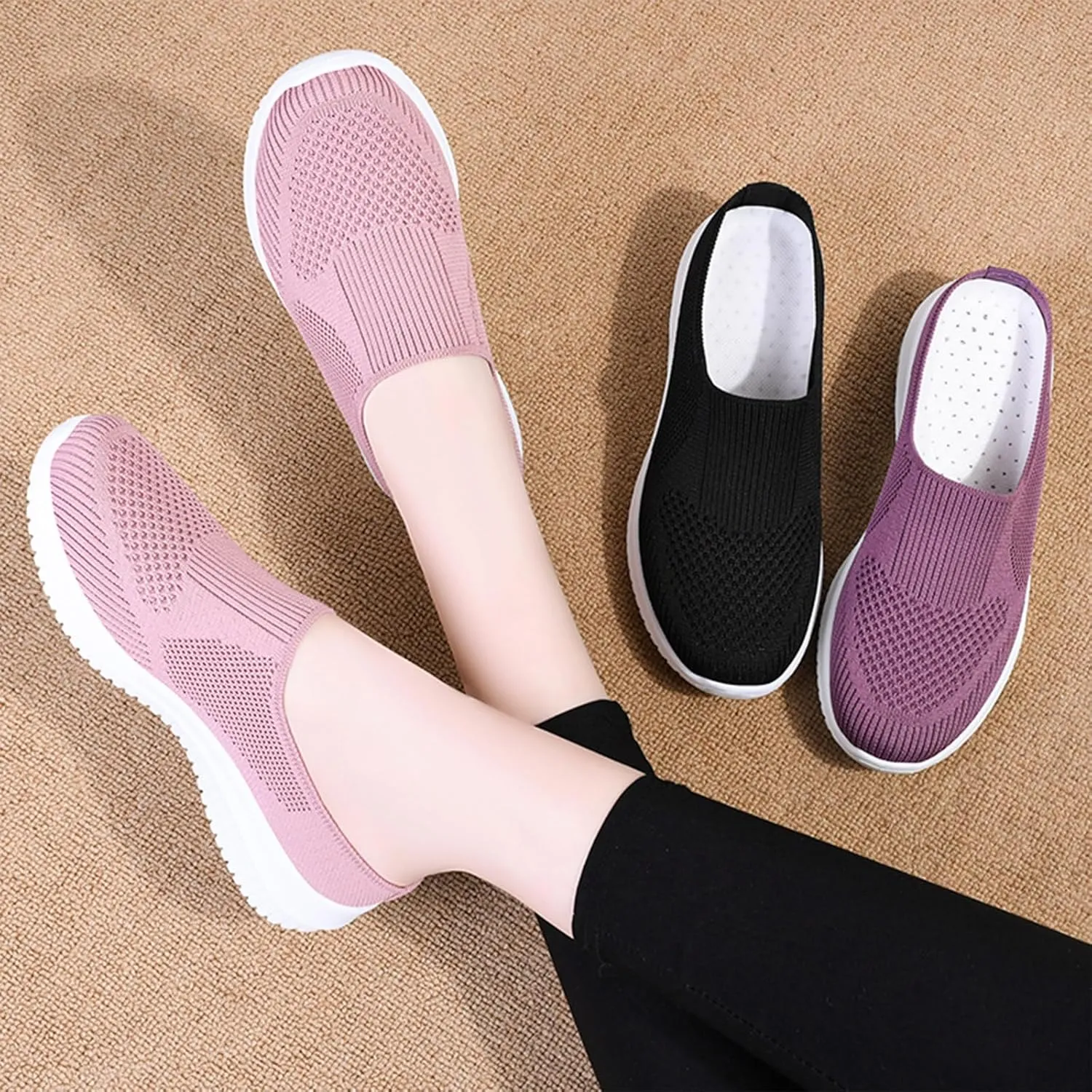 Women's Knitted Mesh Walking Mules Fashion Backless Breathable Lightweight Slip On Sneakers Soft Sole Non-Slip Loafers