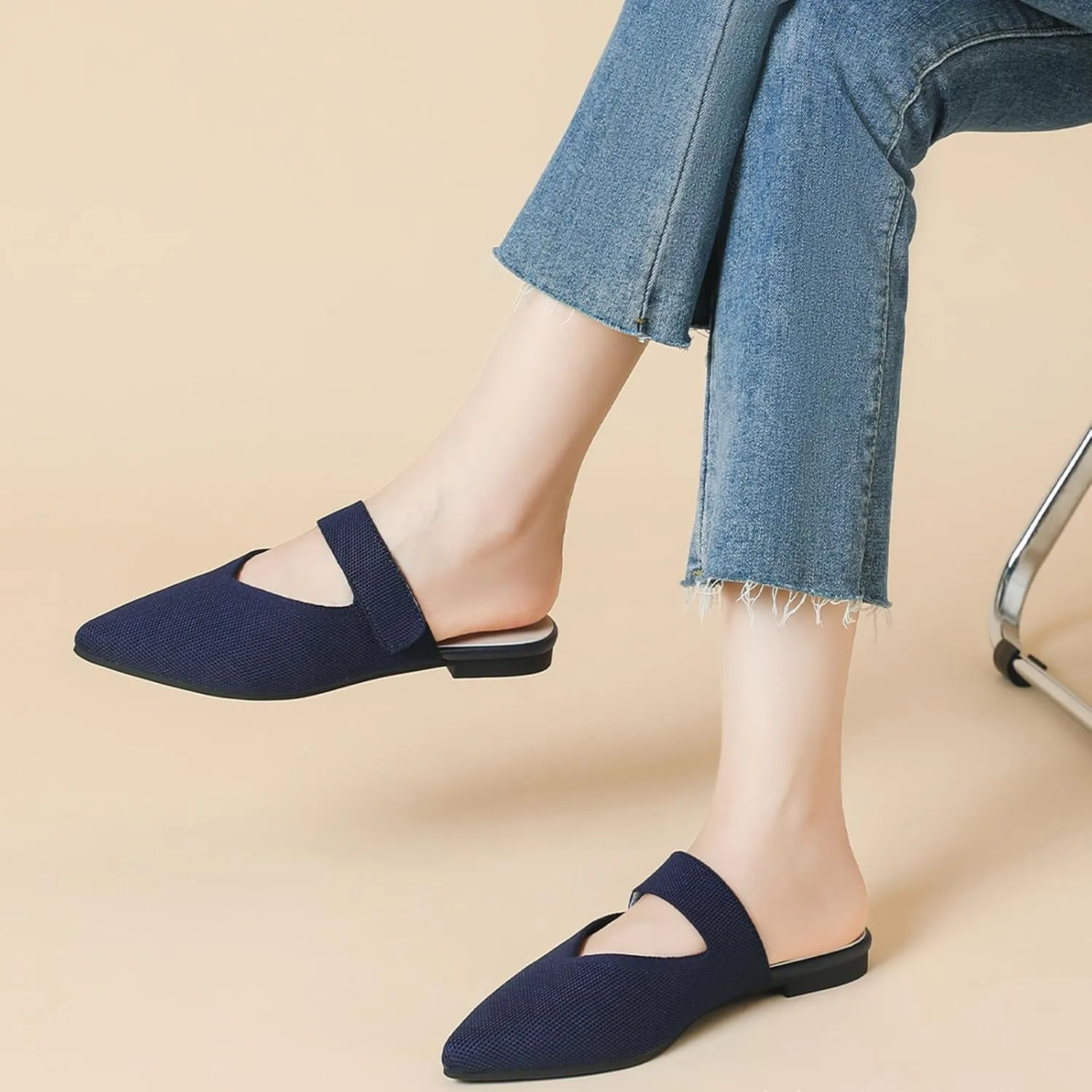 Women's Knitted Pointed Toe Flat Mules Summer Fashion Hook&Loop Slide Slippers Comfortable Slip On Breathable Backless Mesh Casual Flats Sandals mules for women