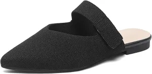 Women's Knitted Pointed Toe Flat Mules Summer Fashion Hook&Loop Slide Slippers Comfortable Slip On Breathable Backless Mesh Casual Flats Sandals mules for women