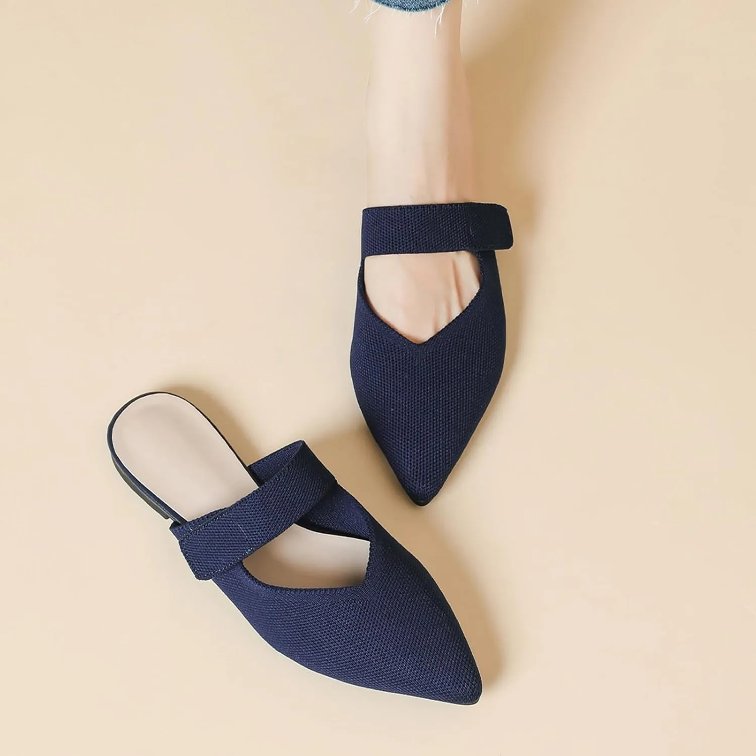 Women's Knitted Pointed Toe Flat Mules Summer Fashion Hook&Loop Slide Slippers Comfortable Slip On Breathable Backless Mesh Casual Flats Sandals mules for women