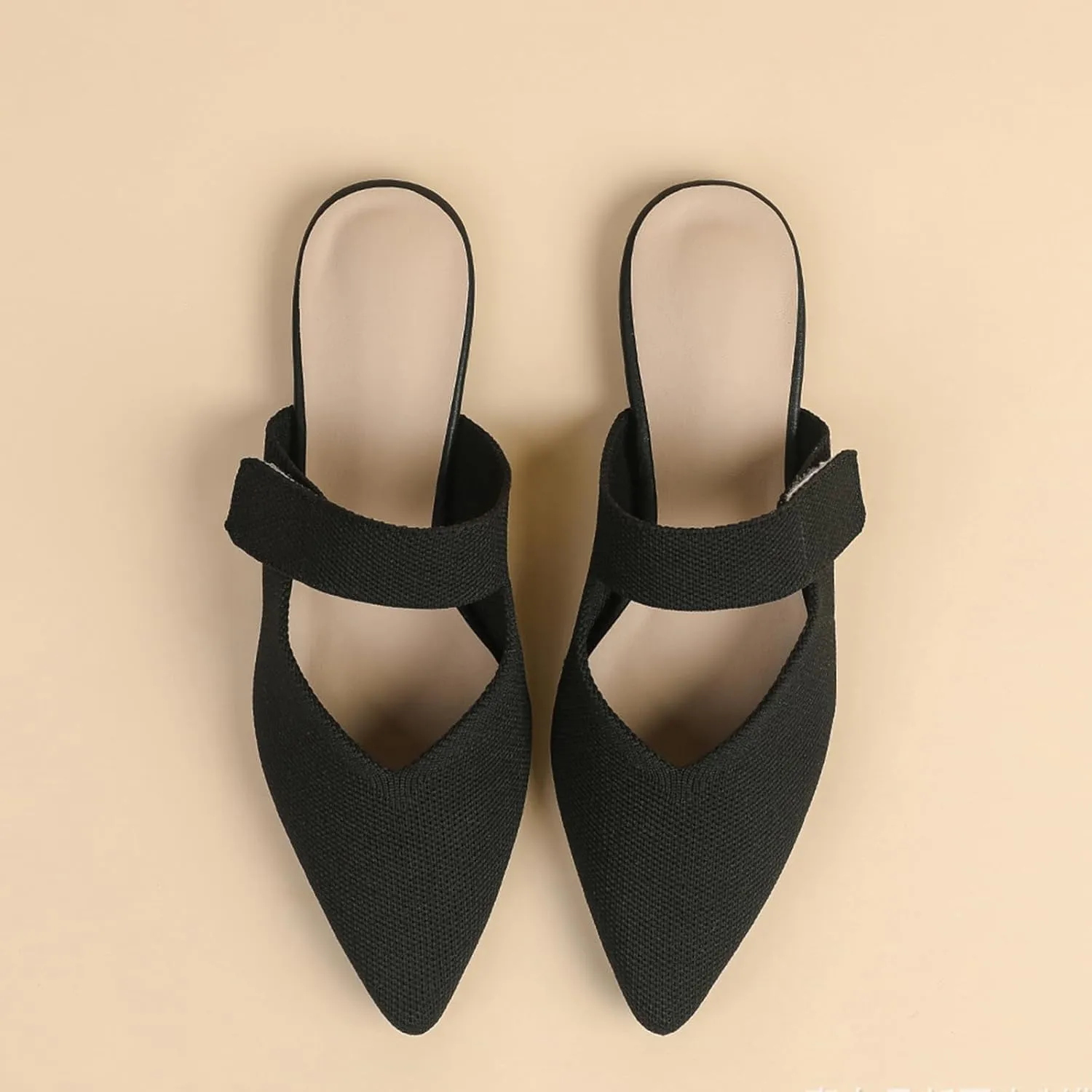 Women's Knitted Pointed Toe Flat Mules Summer Fashion Hook&Loop Slide Slippers Comfortable Slip On Breathable Backless Mesh Casual Flats Sandals mules for women