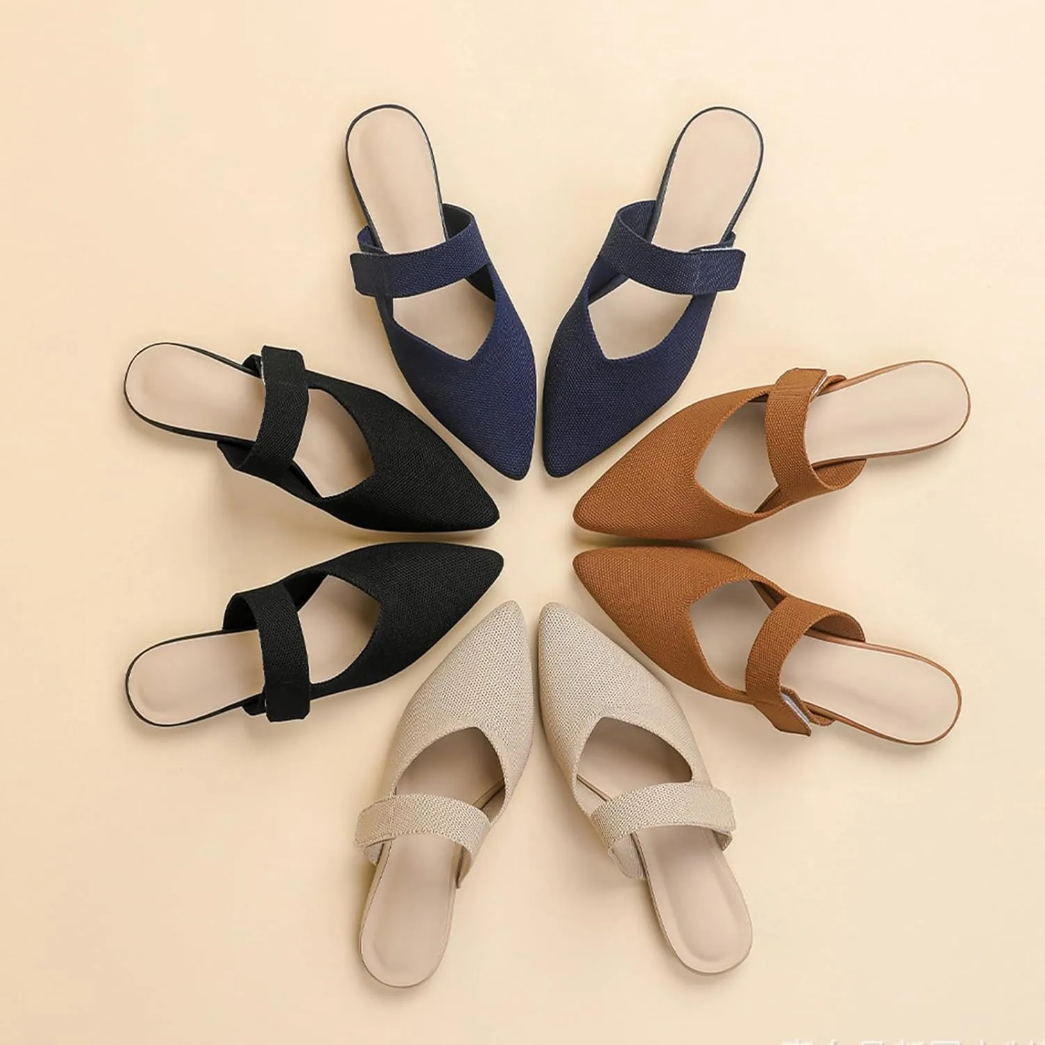 Women's Knitted Pointed Toe Flat Mules Summer Fashion Hook&Loop Slide Slippers Comfortable Slip On Breathable Backless Mesh Casual Flats Sandals mules for women