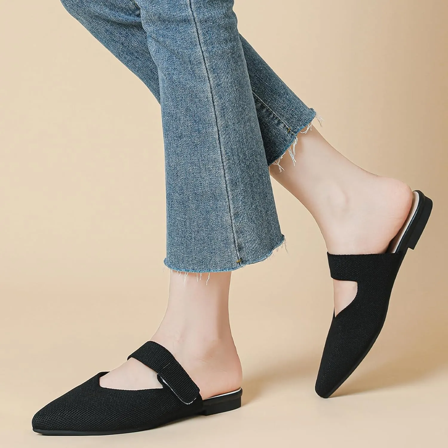 Women's Knitted Pointed Toe Flat Mules Summer Fashion Hook&Loop Slide Slippers Comfortable Slip On Breathable Backless Mesh Casual Flats Sandals mules for women