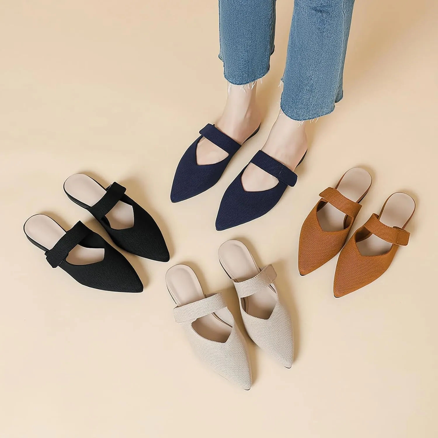 Women's Knitted Pointed Toe Flat Mules Summer Fashion Hook&Loop Slide Slippers Comfortable Slip On Breathable Backless Mesh Casual Flats Sandals mules for women
