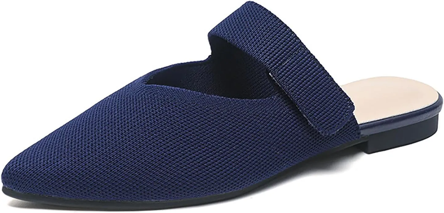 Women's Knitted Pointed Toe Flat Mules Summer Fashion Hook&Loop Slide Slippers Comfortable Slip On Breathable Backless Mesh Casual Flats Sandals mules for women
