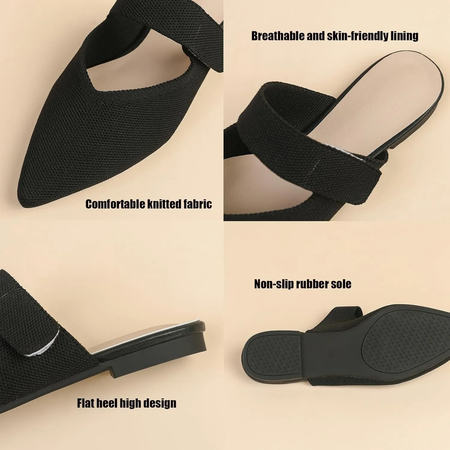 Women's Knitted Pointed Toe Flat Mules Summer Fashion Hook&Loop Slide Slippers Comfortable Slip On Breathable Backless Mesh Casual Flats Sandals mules for women