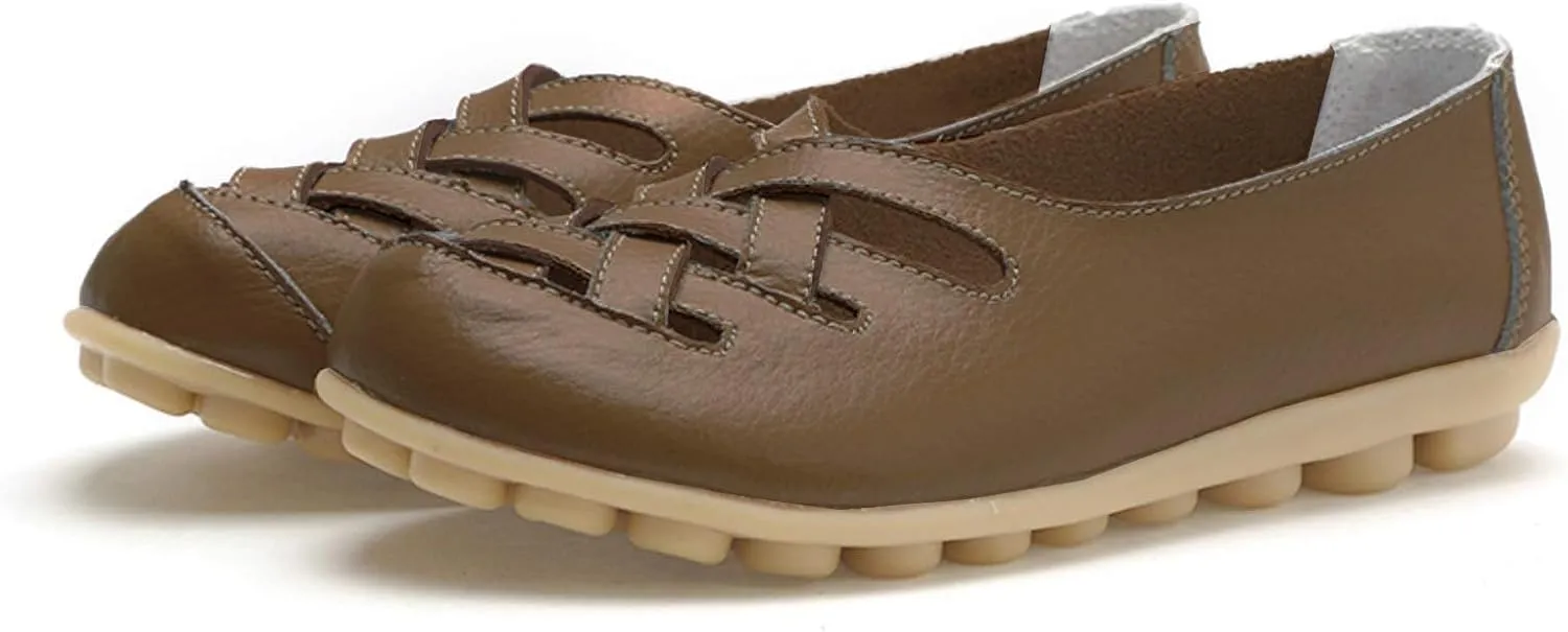 Womens Leather Loafers Summer Breathable Hollow Out Closed Toe Slip-On Sandals Casual Lightweight Soft Sole Nurse Work Walking Shoes Comfortable Casual Fisherman Sandals