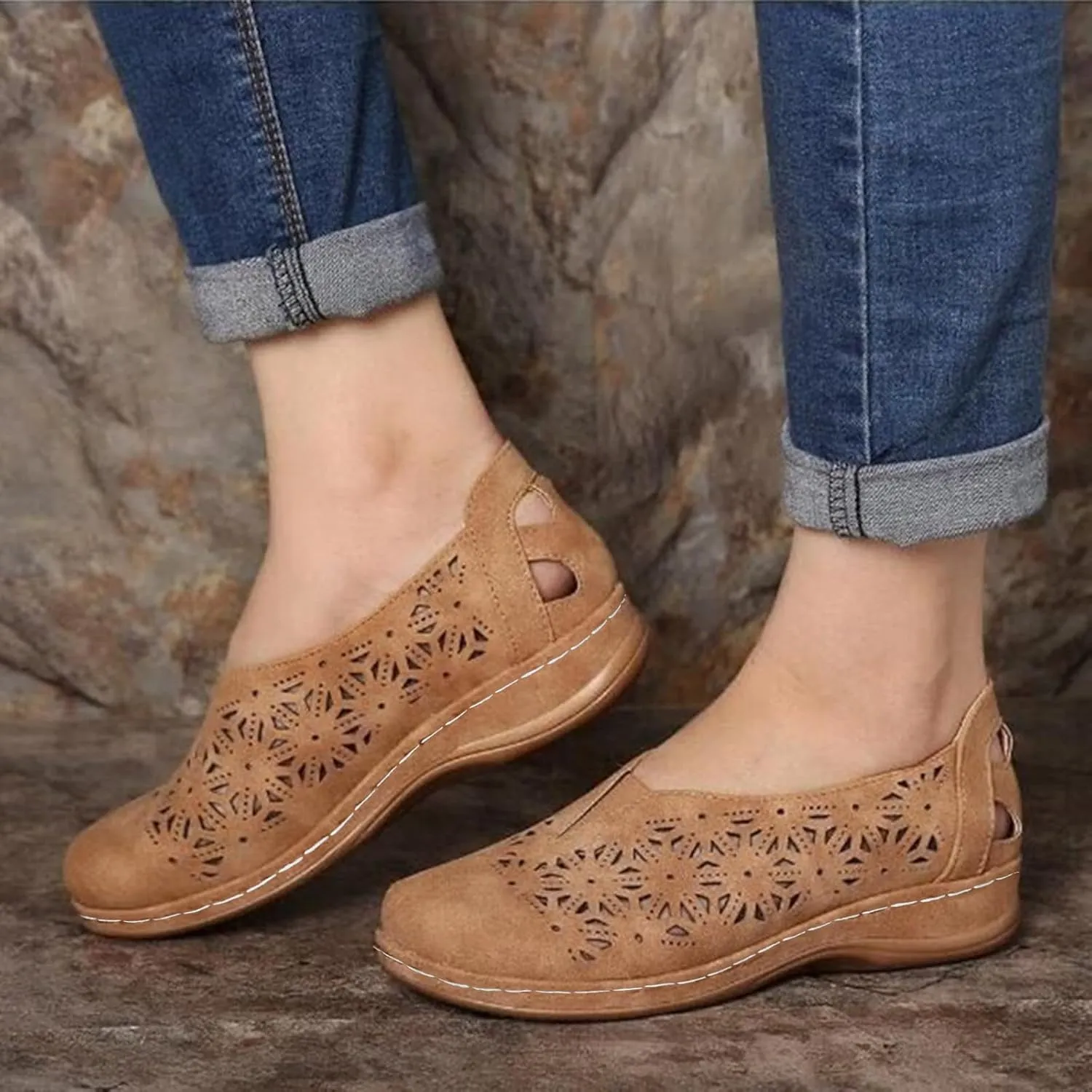 Womens Loafers Comfortable Dressy Wide Width Hollow Out Closed Toe Shoes Breathable Walking Sandals Slip On Summer Sandals Soft Flats for Women Casual Lightweight