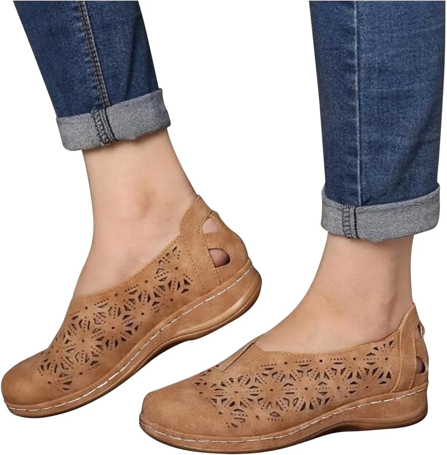 Womens Loafers Comfortable Dressy Wide Width Hollow Out Closed Toe Shoes Breathable Walking Sandals Slip On Summer Sandals Soft Flats for Women Casual Lightweight