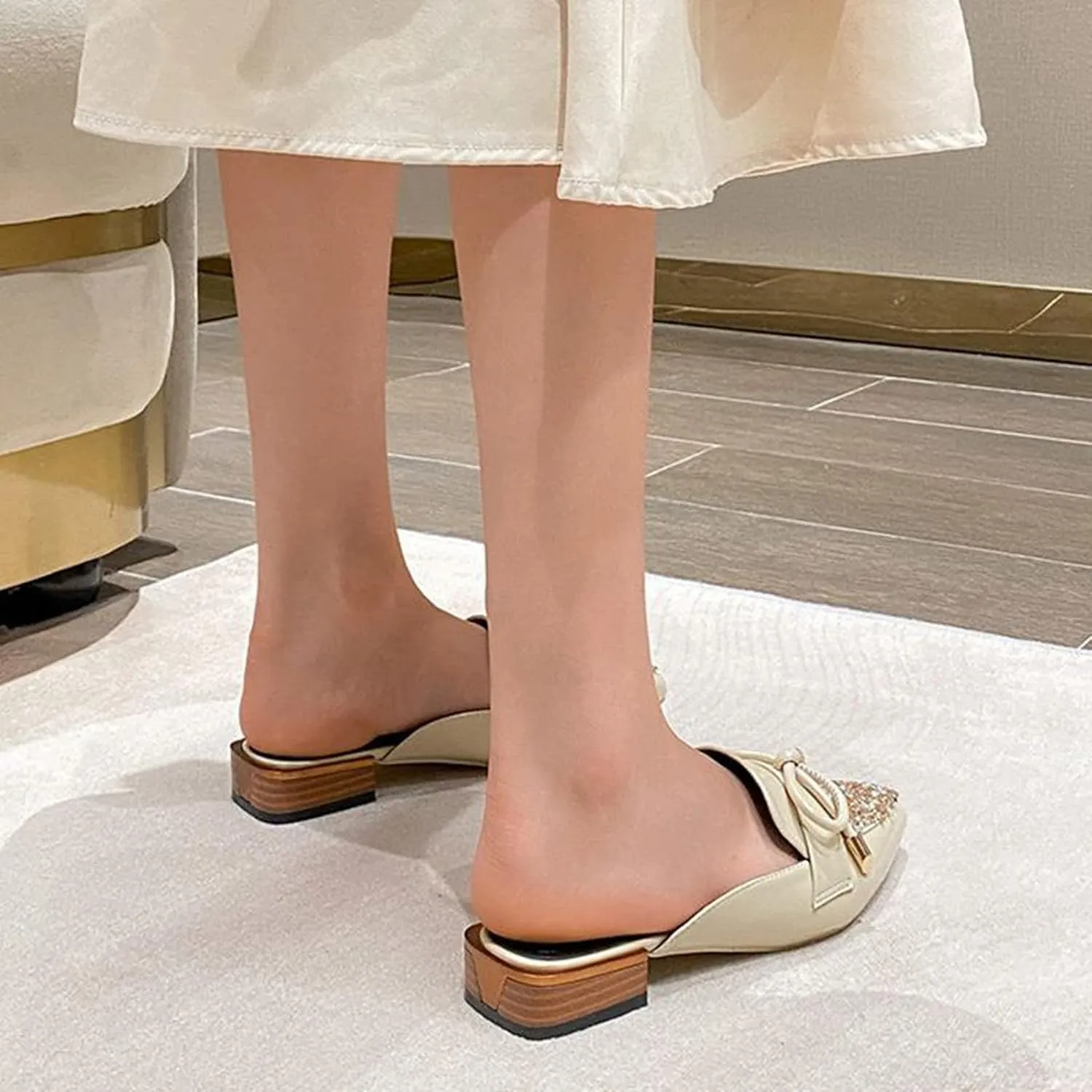 Womens Low Stacked Heel Mules Closed Pointed Toe Glitter Sequins Bow Backless Slides Sandals Shoes