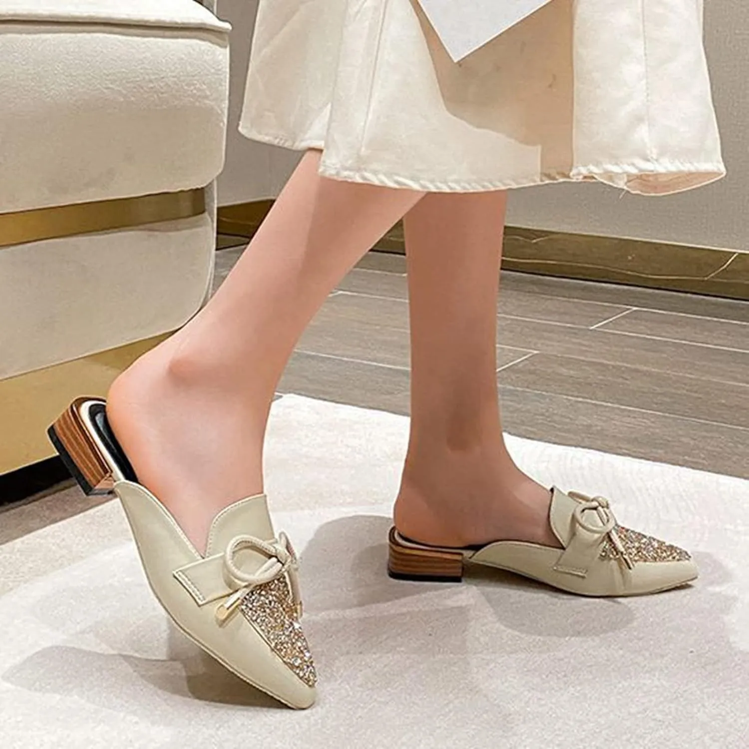 Womens Low Stacked Heel Mules Closed Pointed Toe Glitter Sequins Bow Backless Slides Sandals Shoes