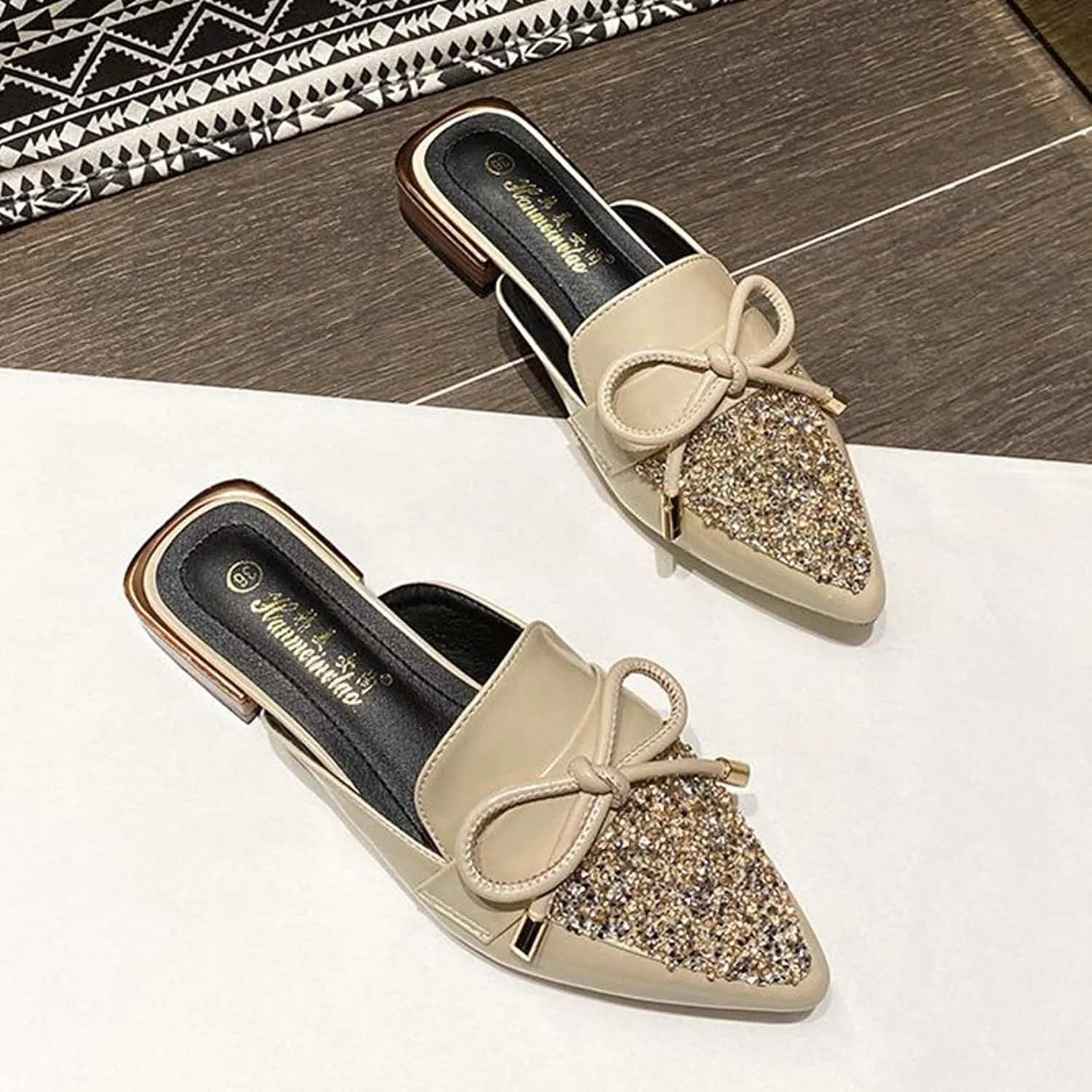 Womens Low Stacked Heel Mules Closed Pointed Toe Glitter Sequins Bow Backless Slides Sandals Shoes