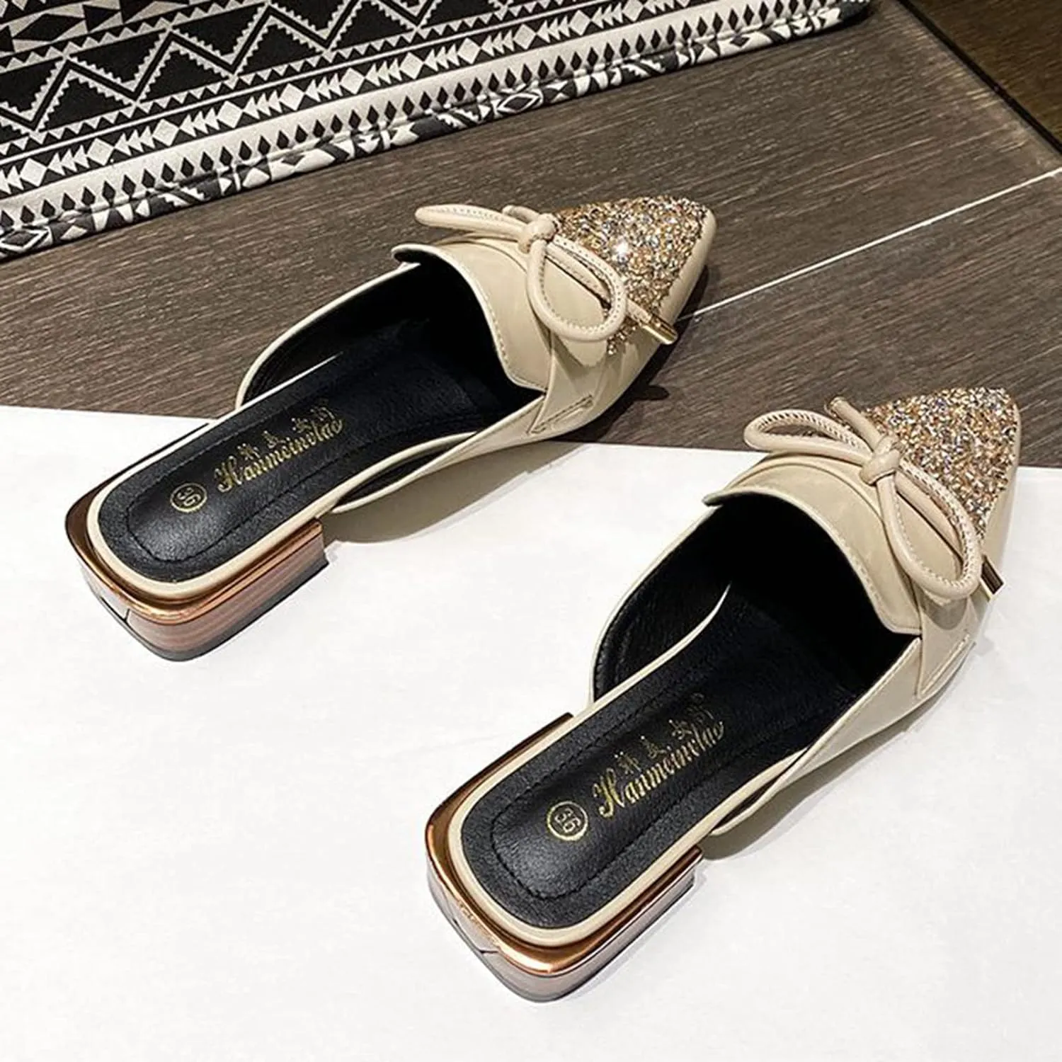 Womens Low Stacked Heel Mules Closed Pointed Toe Glitter Sequins Bow Backless Slides Sandals Shoes
