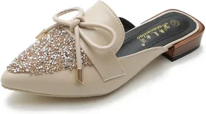 Womens Low Stacked Heel Mules Closed Pointed Toe Glitter Sequins Bow Backless Slides Sandals Shoes