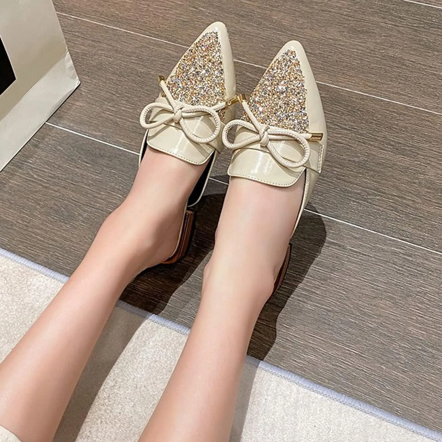 Womens Low Stacked Heel Mules Closed Pointed Toe Glitter Sequins Bow Backless Slides Sandals Shoes