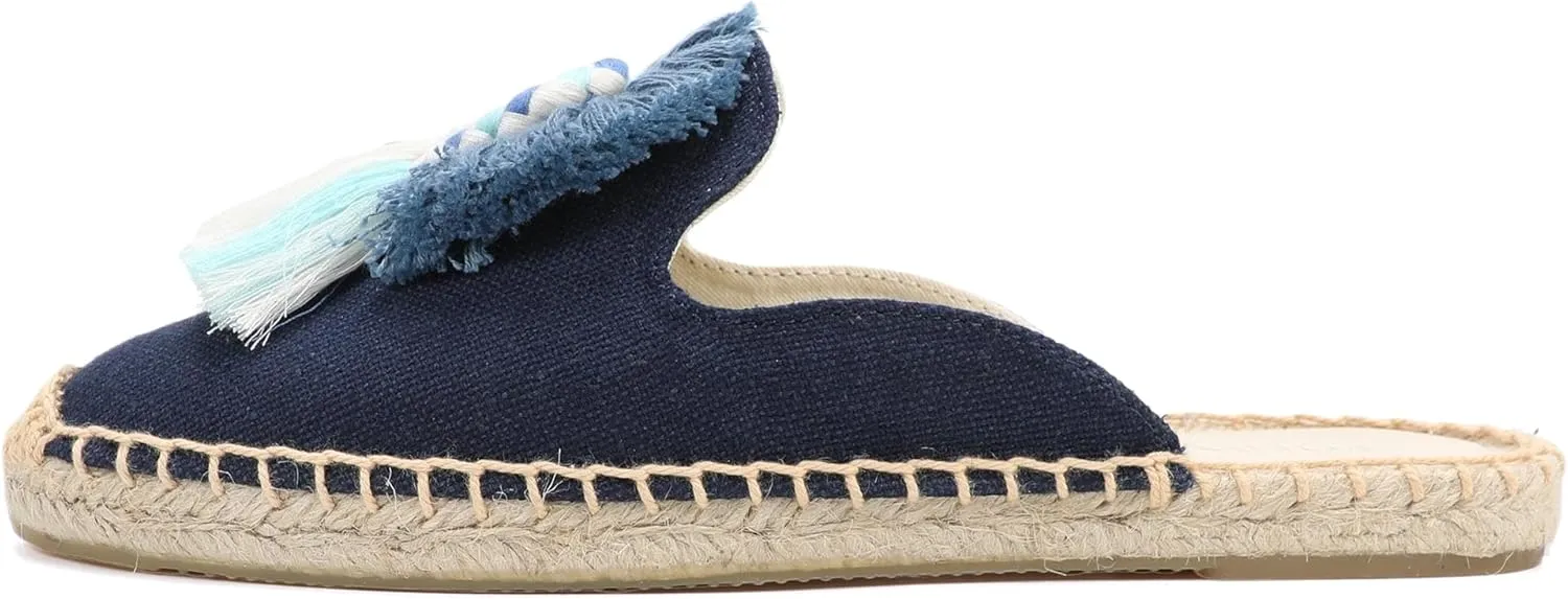 Women's Mule Flat Shoes with Tassel & Pompom, Espadrilles Slides Backless Slipper Slip on Shoes