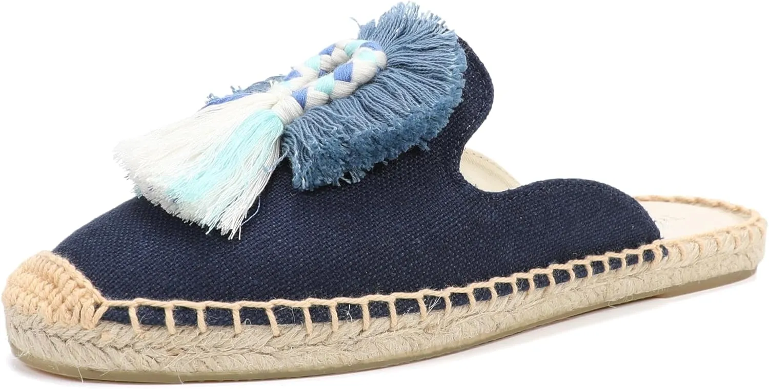 Women's Mule Flat Shoes with Tassel & Pompom, Espadrilles Slides Backless Slipper Slip on Shoes