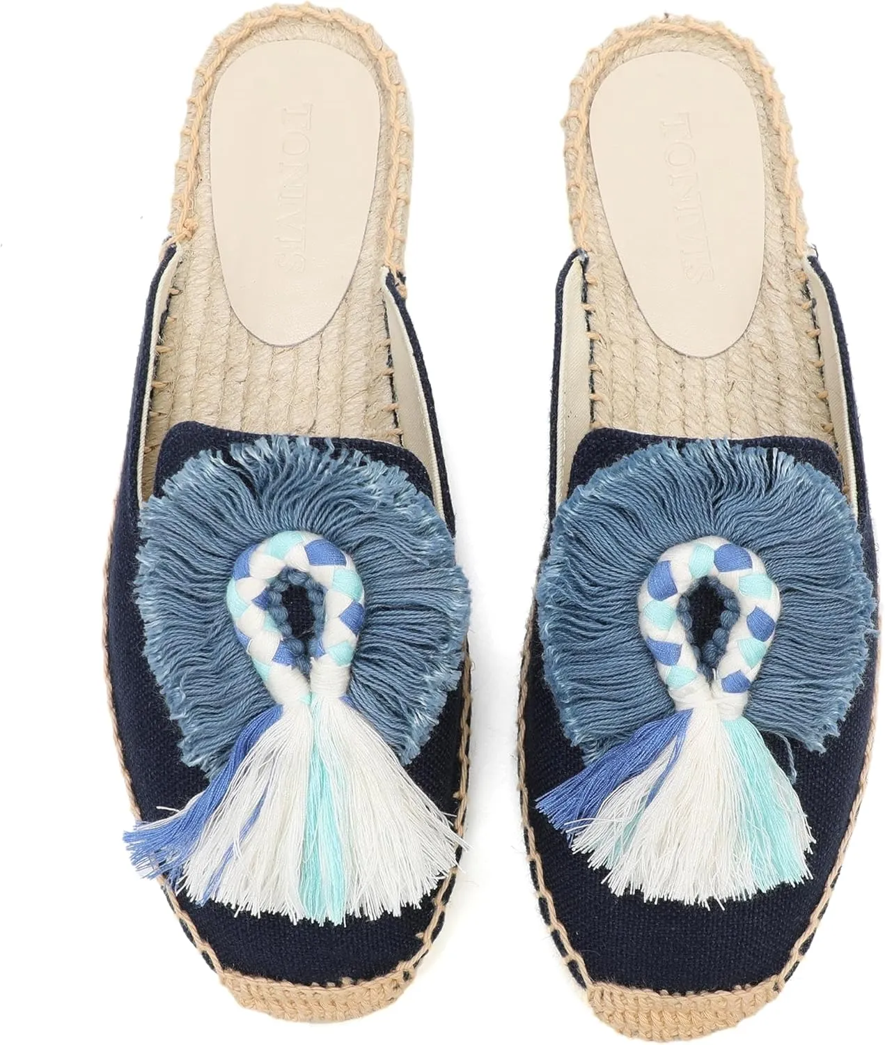 Women's Mule Flat Shoes with Tassel & Pompom, Espadrilles Slides Backless Slipper Slip on Shoes