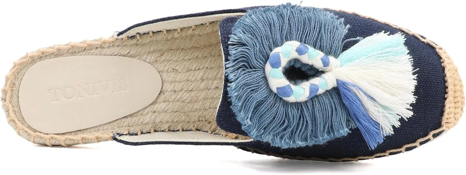 Women's Mule Flat Shoes with Tassel & Pompom, Espadrilles Slides Backless Slipper Slip on Shoes