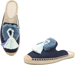 Women's Mule Flat Shoes with Tassel & Pompom, Espadrilles Slides Backless Slipper Slip on Shoes