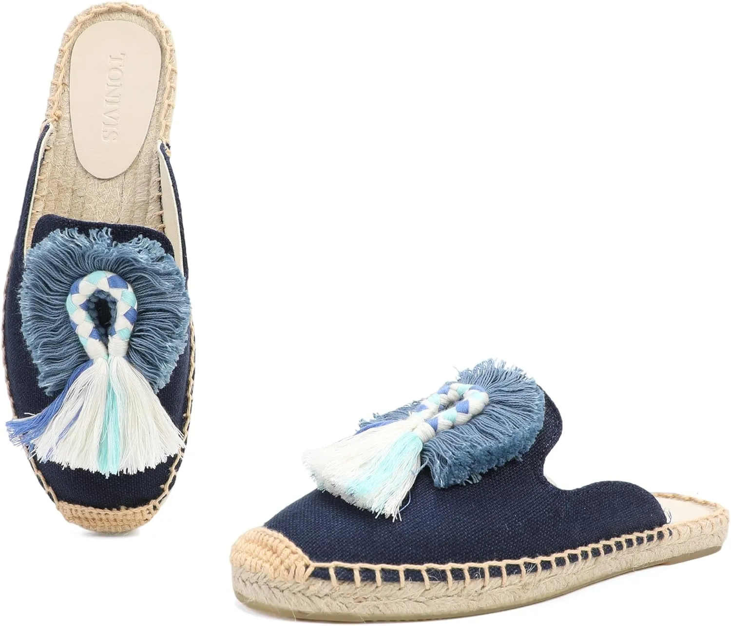 Women's Mule Flat Shoes with Tassel & Pompom, Espadrilles Slides Backless Slipper Slip on Shoes
