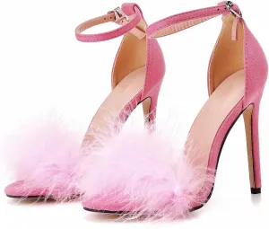 Women's Open Toe Ankle Strap Fluffy Feather Stiletto Heels Sandals Dress Sandal Party Evening High Heel Pump Shoes