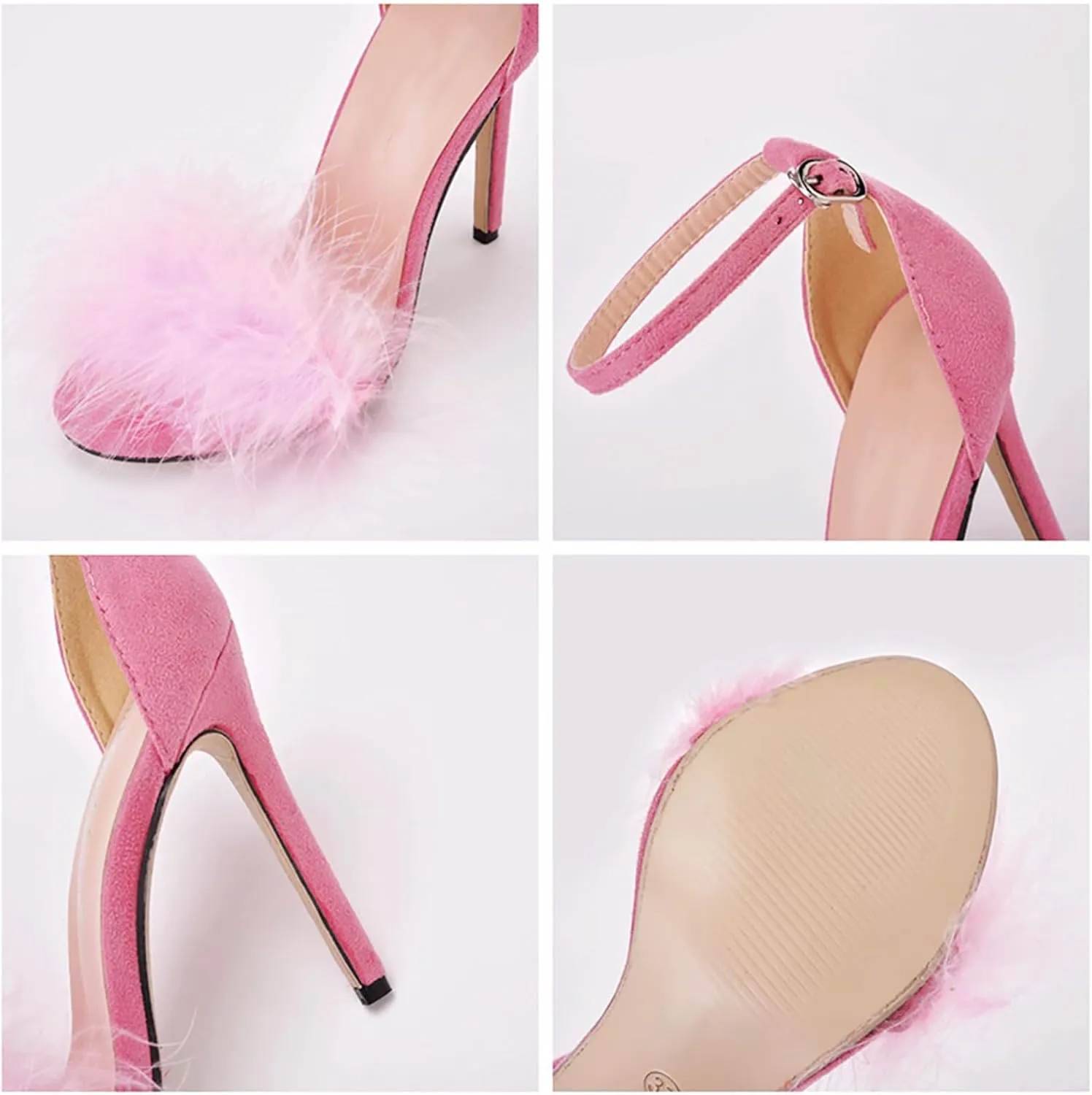 Women's Open Toe Ankle Strap Fluffy Feather Stiletto Heels Sandals Dress Sandal Party Evening High Heel Pump Shoes