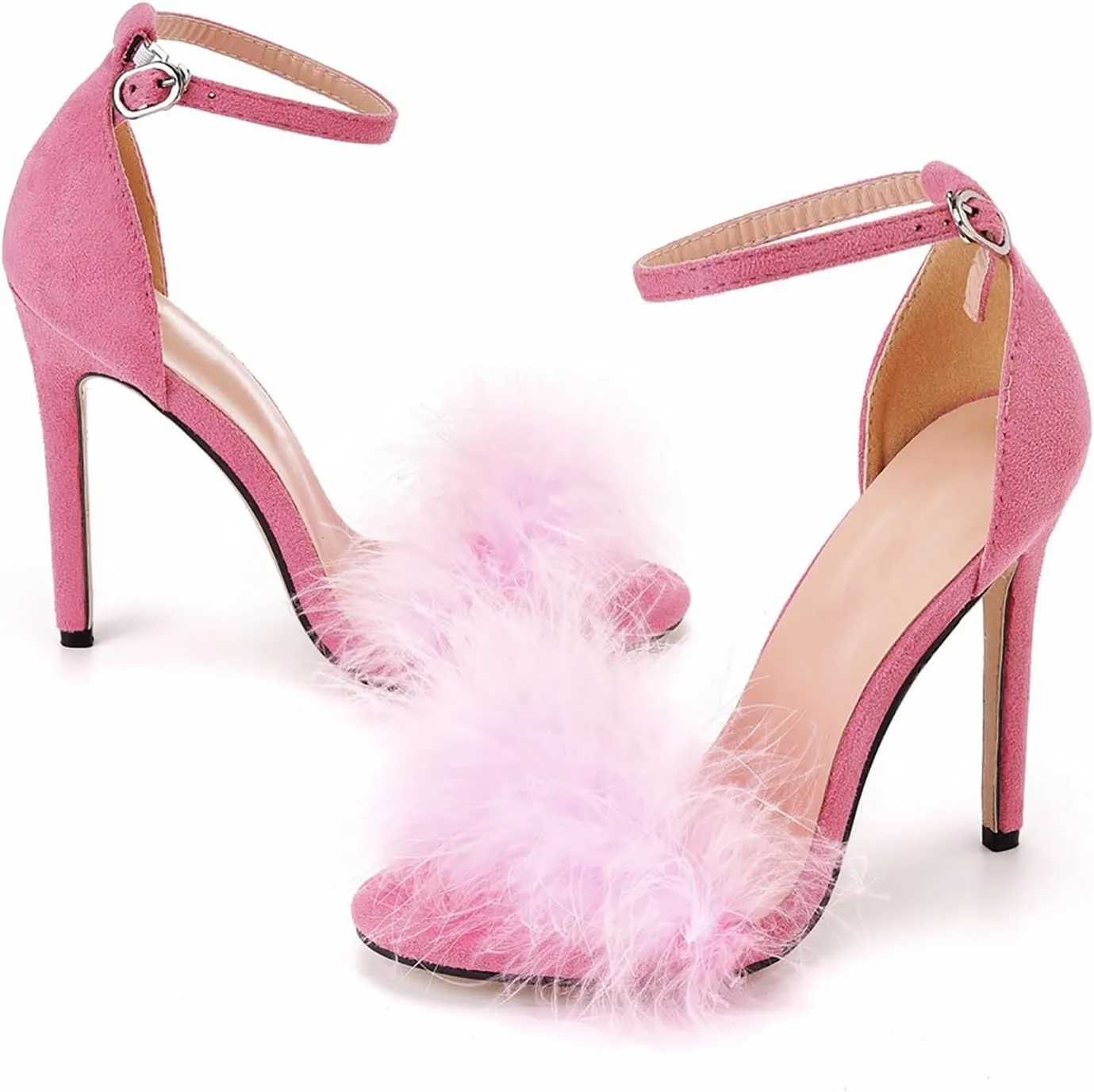 Women's Open Toe Ankle Strap Fluffy Feather Stiletto Heels Sandals Dress Sandal Party Evening High Heel Pump Shoes